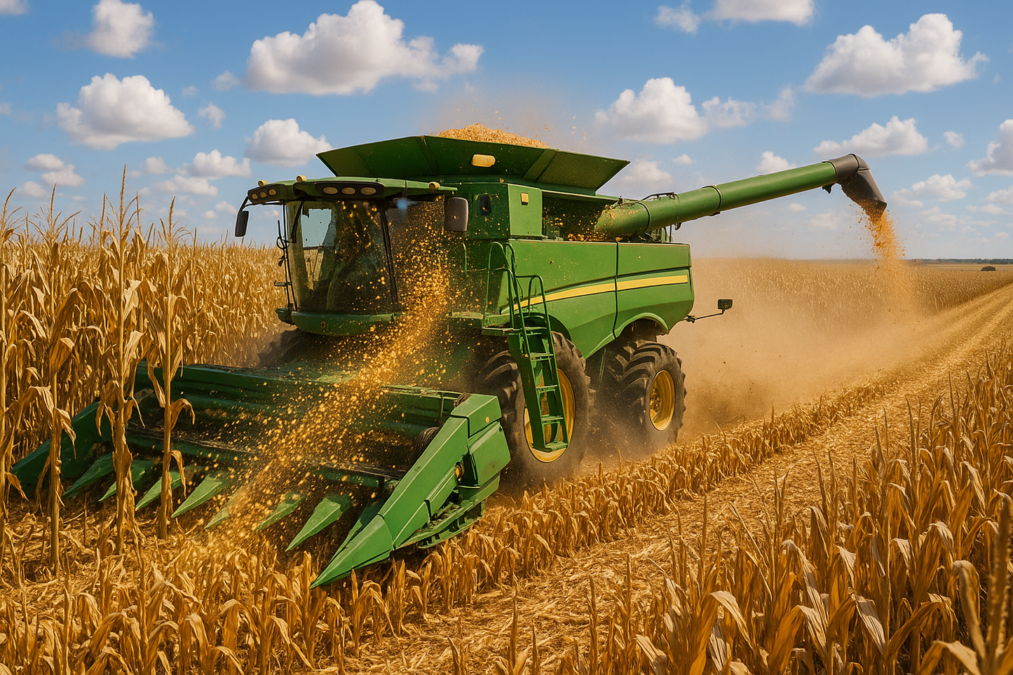green combine harvesting corn