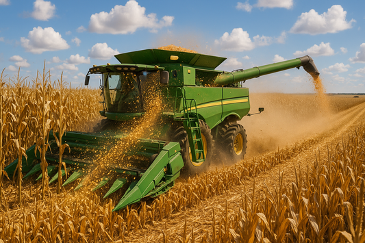 green combine harvesting corn